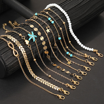 10Pcs Beach Style Alloy & Synthetic Turquoise & Resin Link Anklets WGF01BA-01-1