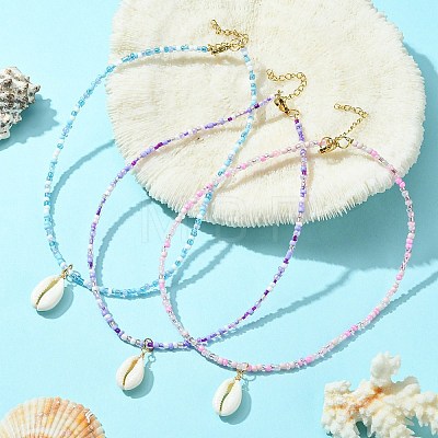 3Pcs 3 Color Natural Cowrie Shell Pendant Necklaces Set with Glass Seed Beaded Chains NJEW-JN04455-1