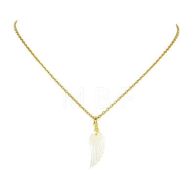 Natural White Shell Carved Angel Wing Pendant 304 Stainless Steel Cable Chain Necklaces for Women NJEW-JN06244-1