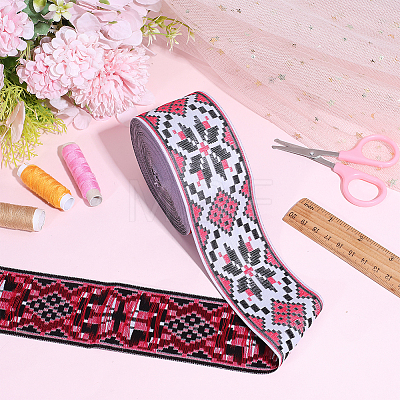 Rhombus Pattern Ethnic Style Embroidery Floral Polyester Ribbons OCOR-WH0070-324B-1