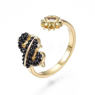 Black Cubic Zirconia Cactus and Sun Open Cuff Ring for Women RJEW-N035-087-1