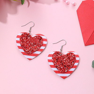 PU Leather Heart with Stripe Dangle Earrings FS-WG76E0F-01-1