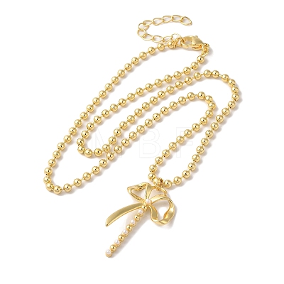 Brass & Plastic Imitation Pearl Ball Chain Bowknot Pendant Necklaces for Women NJEW-C054-03G-1
