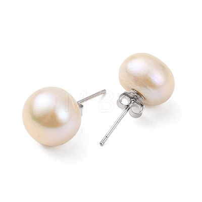 Natural Pearl Round Bead Stud Earrings EJEW-E298-01G-02P-1