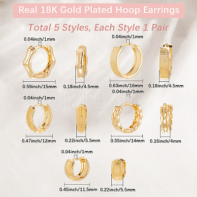 5 Pairs 5 Style Rack Plating Ring Brass Hoop Earrings for Women EJEW-BBC0001-97-1