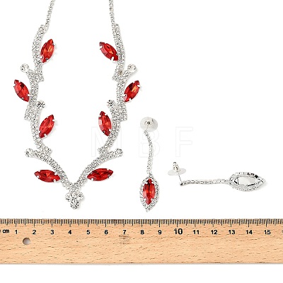 Leaf Brass Rhinestone Stud Dangle Earrings & Pendant Necklaces Set for Women SJEW-M102-03S-01-1