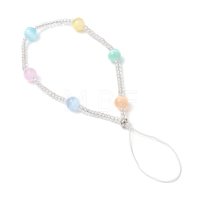 Dyed Natural Selenite & Glass Seed Round Beaded Phone Hand Strap Chains HJEW-JM03363-01-1