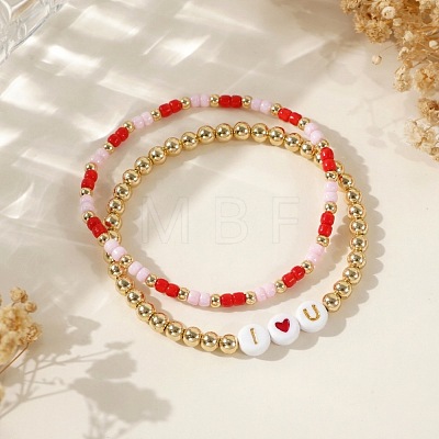 2Pcs 2 Styles I Love You Brass & Acrylic & Seed Beads Stretch Bracelets XD6242-1