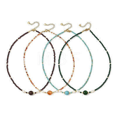 Natural & Synthetic Mixed Gemstone Round and Natural Cultured Freshwater Pearl Beaded Necklaces NJEW-JN06554-1