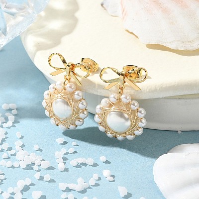 Shell Pearl with Brass Dangle Stud Earrings for Women EJEW-TA00574-1