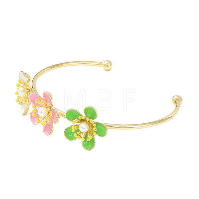 Alloy Flower with Imitation Pearl Beaded Open Cuff Bangle for Women BJEW-D054-02G-03-1