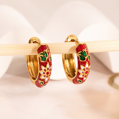Chinese Retro 304 Stainless Steel Enamel Ring with Flower Pattern Hoop Earrings BB7359-1-1
