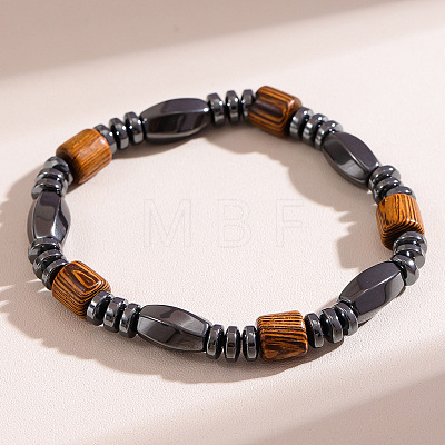 Synthetic Non-magnetic Hematite & Wood Beads Stretch Bracelets for Men WG9F2CA-03-1