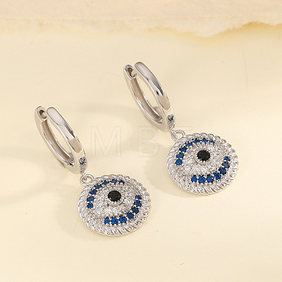 Retro Style Flat Round with Evil Eye S925 Sterling Silver Clear Cubic Zirconia Hoop Earrings LX8023-2-1