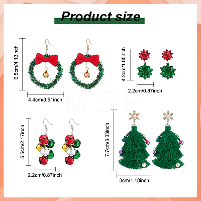 4 Pairs 4 Style Christmas Theme Bell & Bowknot Alloy Dangle Earrings EJEW-AN0001-98-1