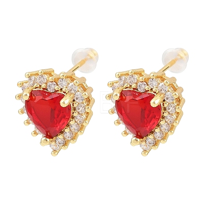 Heart Brass Micro Pave Cubic Zirconia Stud Earrings EJEW-K325-02G-1
