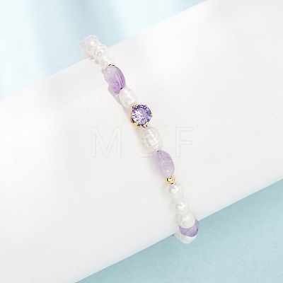 Natural Lavender Amethyst Chip and Rice Natural Pearl Beaded Bracelets GG-CBA3297-13G-G-1