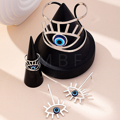 Hollow Out Evil Eye Alloy Resin Cuff Bangles & Cuff Rings & Stud Earrings Sets FS-WG3F92B-02-1