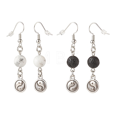 2Pair 2 Style Natural Lava Rock & Howlite with Yin Yang Long Dangle Earrings EJEW-JE04962-02-1