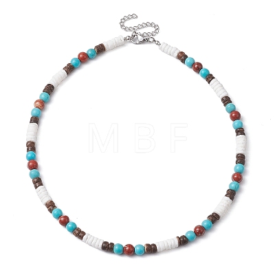 Summer Beach Natural Red Jasper & Synthetic Turquoise & White Shell & Coconut Beaded Necklaces NJEW-JN05012-1