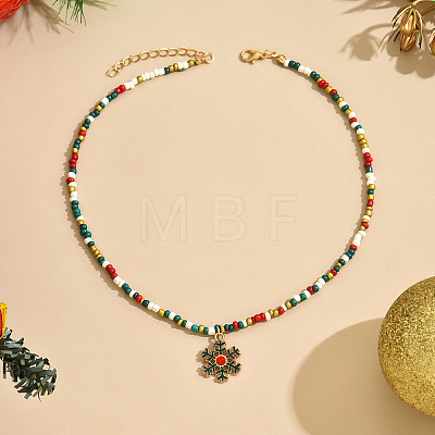 Christmas Alloy Enamel Pendant Colorful Glass Seed Beaded Necklaces FS-WG695D6-07-1