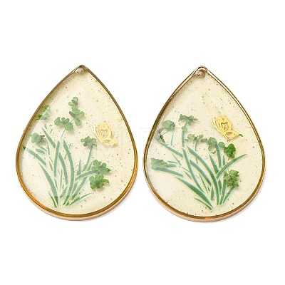 Brass & Transparent Epoxy Resin & Dried Flower Pendants RESI-G133-02G-05-1