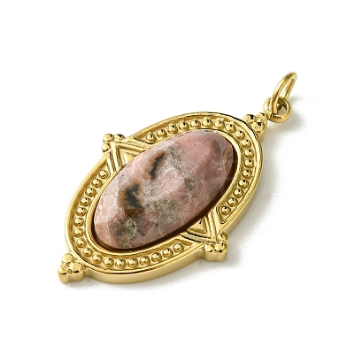 Ion Plating(IP) 304 Stainless Steel Pave Faceted Natural Rhodonite Pendants FIND-Z028-40A-1