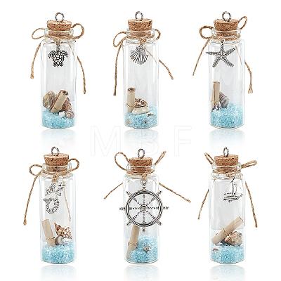 6Pcs 6 Styles Ocean Theme Column Glass Wishing Bottle Big Pendants AJEW-ME00013-1