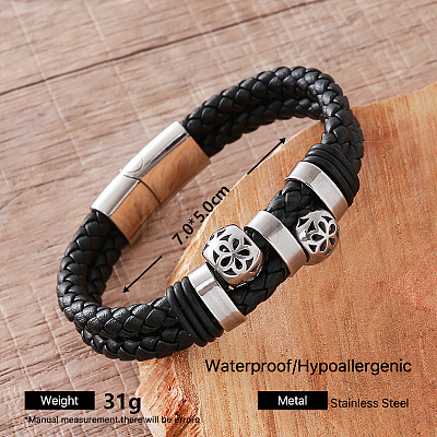 Vintage Braided PU Leather 304 Stainless Steel Bracelets with Magnetic Clasps for Men MV3469-6-1