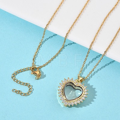 Brass Micro Pave Clear Cubic Zirconia and Glass Heart Locket Photo Pendant 304 Stainless Steel Chain Necklaces for Women NJEW-D341-01G-1