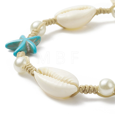 Synthetic Turquoise(Dyed) Starfish & Natural Shell & Glass Pearl Braided Bead Bracelet X-BJEW-TA00218-1