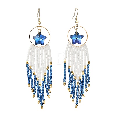 Star Glass Seed Beaded Dangle Tassel Earrings EJEW-MZ00777-01-1
