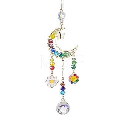 Glass Beads Wire Wrapped Brass Moon Hanging Ornaments HJEW-TA00212-1