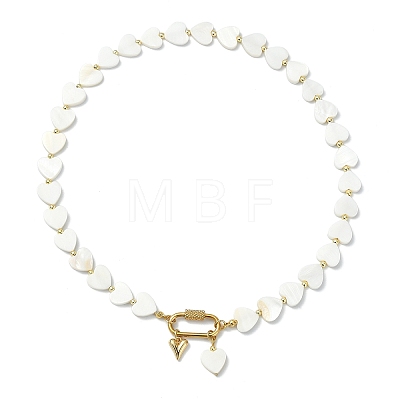 Heart Natural Freshwater Shell Beaded Necklaces with 304 Stainless Steel Screw Carabiner Lock NJEW-JN06202-1