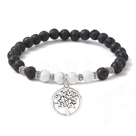 Natural Lava Rock & Howlite Gemstone Round Beaded Stretch Bracelet BJEW-JB09767-01-1