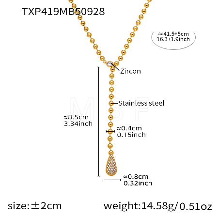 304 Stainless Steel Micro Pave Clear Cubic Zirconia Teardrop Tassel Lariat Necklaces for Women WGF9737-02-1