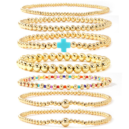 7Pcs Brass Round Beaded Bracelets for Women SB9067-11-1
