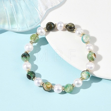 8MM Natural Green Line Jasper & Cultured Freshwater Pearl Round Beaded Stretch Bracelets for Women BJEW-JB14239-1