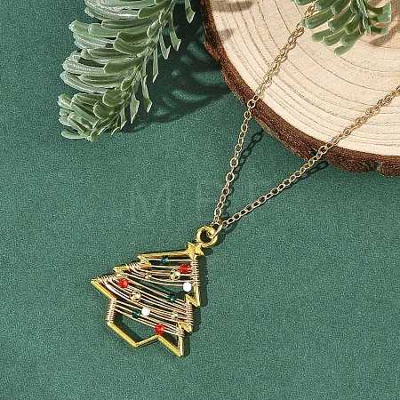Zinc Alloy Glass Colorful Christmas Tree Pendant Brass Cable Chain Necklaces NJEW-TA00267-1