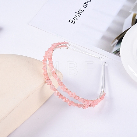 Double Row Cherry Quartz Glass Chip Hair Bands PW-WG21554-04-1