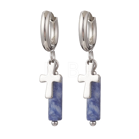 304 Stainless Steel Blue Spot Jasper Column Hoop Earrings EJEW-JE06791-03-1