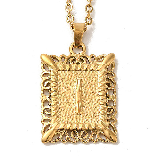 201 Stainless Steel Cable Chain Rectangle with Letter Pendant Necklaces NJEW-M070-01G-I-1