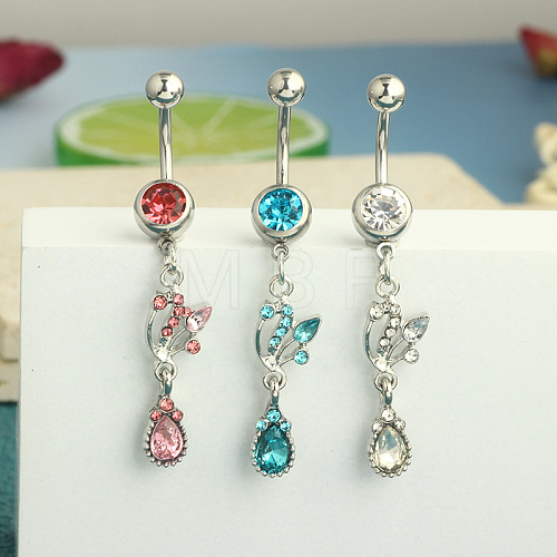 304 Stainless Steel Cubic Zirconia Teardrop Dangle Belly Rings WG60E11-02-1