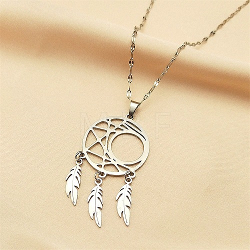 Woven Net/Web with Feather 304 Stainless Steel Pendant Necklaces for Women NJEW-G087-09P-1