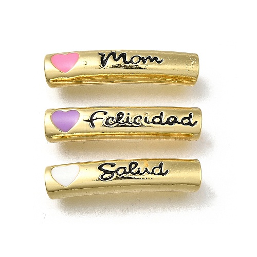 Brass Enamel Heart Word Curved Tube Beads KK-C090-51G-1