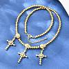 Brass Micro Pave Clear Cubic Zirconia Cross Pendant Round Beaded Bib Necklaces for Women NJEW-F364-04G-1