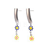 Rectangle with Flower Enamel Long Dangle Stud Earrings EJEW-N049-06A-2