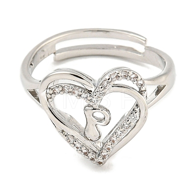 Heart with Letter Rack Plating Brass Micro Pave Clear Cubic Zirconia Adjustable Rings for Women RJEW-I105-01P-P-1