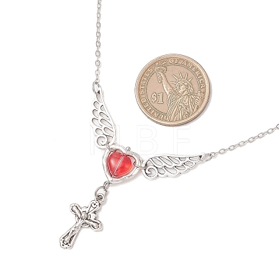 Brass Red Wing Heart with Cross Pendant Cable Chain Necklaces for Women NJEW-JN05909-1