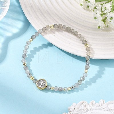 Religion Natural Labradorite Beaded Stretch Bracelets with Brass Flat Round with Cross Beads BJEW-JB14360-01-1